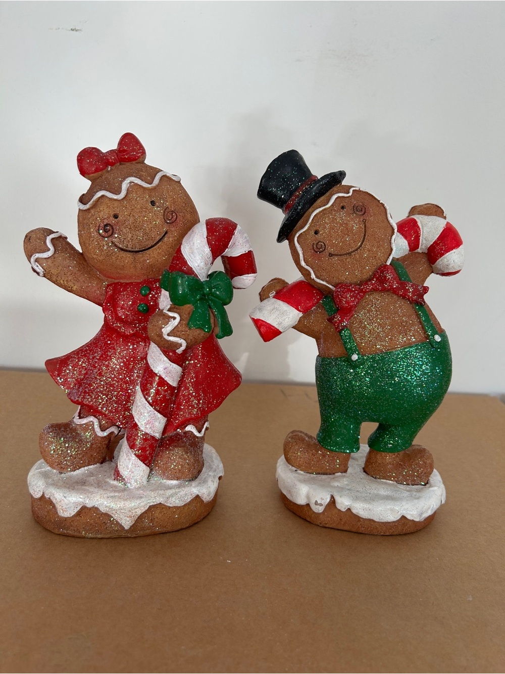 Glitter Gingerbread Couple Holiday Figurines - Red & Green